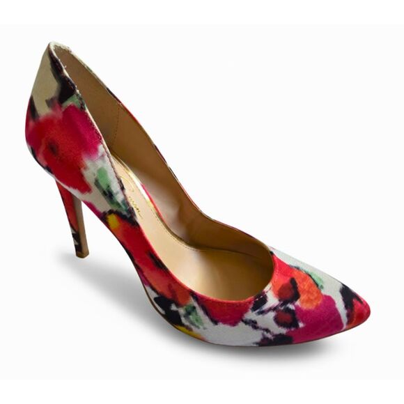 Jessica Simpson 7.5 Veronica Pumps Floral Watercolor Heels Pink Red Black Flirty - Picture 1 of 10